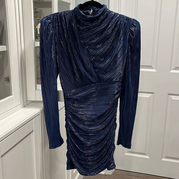 SABINA MASAYEV (NWT) Maya Foil Pleated Knit Minidress, Blue, Size S - Picture 3 of 13